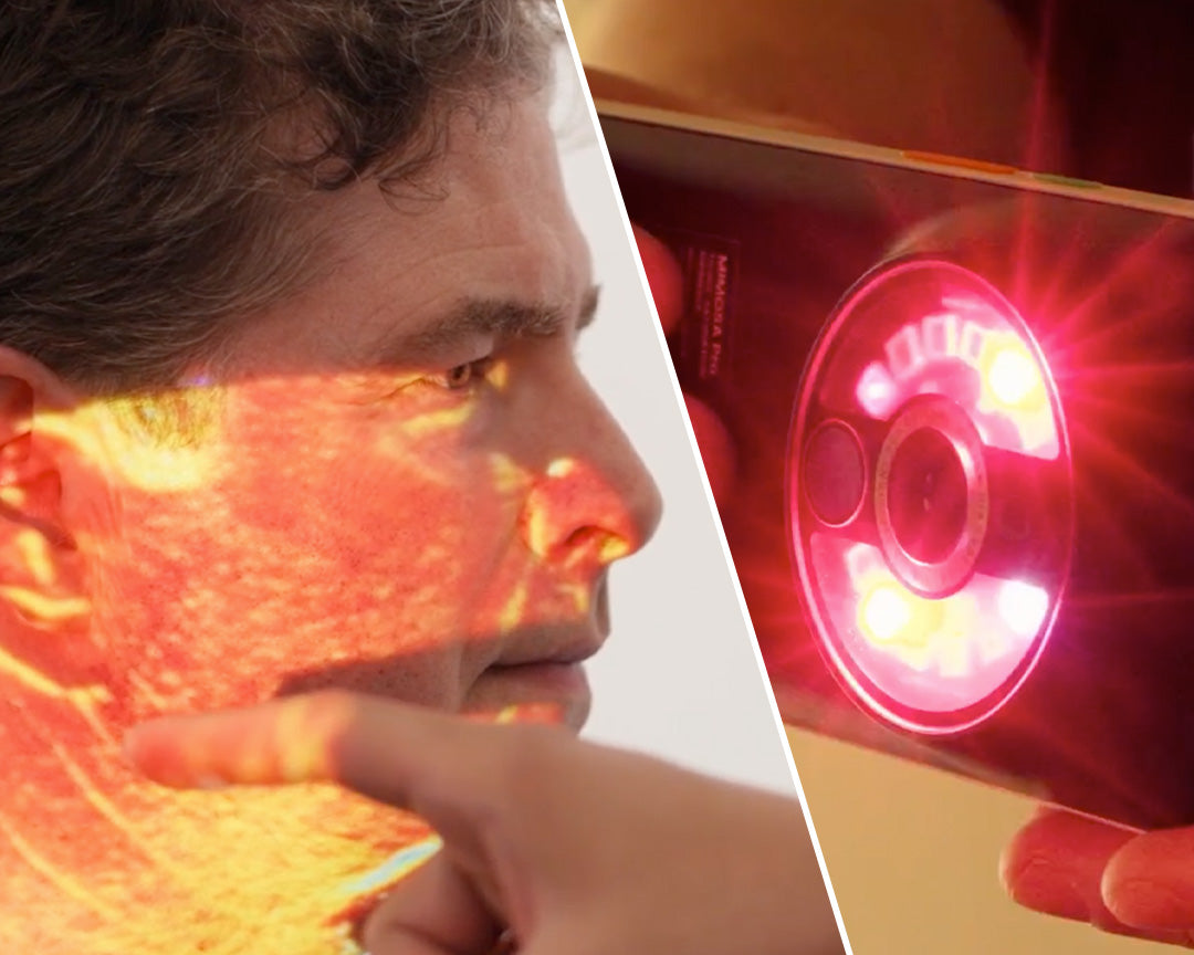 On the left side of the image we see the results of one of our tests super imposed on the mans face.  On the right, an image of the MIMOSA Pro device.